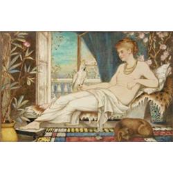 A Victorian Minton rectangular plaque, painted with a neo classical scene of a semi nude lady rec...