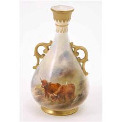 A Royal Worcester vase painted by H. Stinton, two-handled, featuring grazing highland cattle, dat...