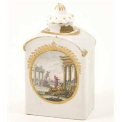 A 19th century English porcelain tea canister, oblong, painted with oval views, figures set amids...