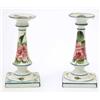 Image 1 : A pair of Wemyss candlesticks, painted with cabbage roses and leaves, on square bases, painted an...