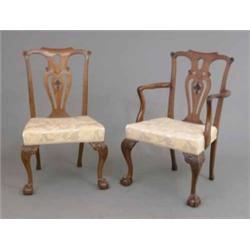 A set of ten George II design mahogany dining chairs (including two with arms), with pierced vase...