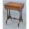 Image 1 : A Victorian walnut work table, with parquetry chessboard and swivelling baize lined top on spiral...