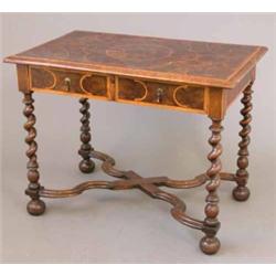A William and Mary side table, with oyster veneered walnut top and two frieze drawers on barley t...