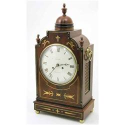 A Regency brass inlaid mahogany mantel clock, with double fusee movement and painted dial, inscri...