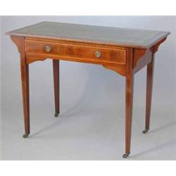 An Edwardian inlaid mahogany writing table, with frieze drawer on square tapered legs, 3ft 3ins...
