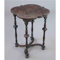 A Victorian walnut occasional table, with shaped floral marquetry top, raised turned column suppo...