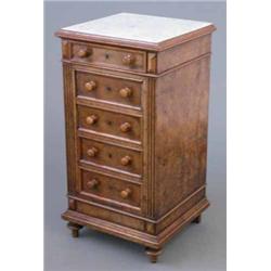 A 19th century French figured walnut bedside chest, of five drawers, fitted knob handles with whi...
