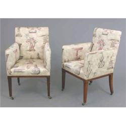 A pair of Edwardian mahogany tub chairs, of square form, upholstered in a material supplied by Se...