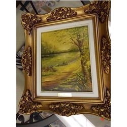 ORNATELY FRAMED PICTURE - TREE BY THE LAKE SIDE