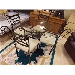 WROUGHT IRON TABLE & CHAIR SET - GLASS TOP TABLE INCLUDES 4 UPHOLTERED SEAT CHAIRS