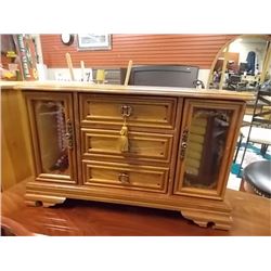 LARGE OAK JEWELRY BOX & CONTENTS - MUSICAL 19"W X 11.5" TALL