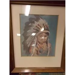 FRAMED PRINT - NATIVE CHILD WITH HEAD DRESS - 14" X 12" WIDE