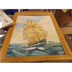 WOOD FRAMED PICTURE - TALL SHIP IN STORM