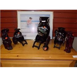 ORIENTAL MEN (2) & PAINTED VASES WITH WAGON STYLE STAND (3) & 1 SMALL VASE = 9 PC TTL