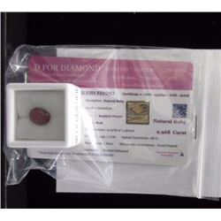 GEMSTONE - 2.96CT OVAL FACETED RUBY - ASSAY CARD CERTIFICATION BOTH SEALED AND NUMBERED - RETAIL EST