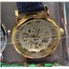 Image 1 : WATCH - NEW 2 SIDED SKELETON WATCH WITH LEATHER STRAP - WORKING- GOLD TONE