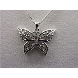 NECKLACE - 3 ROUND FACETED DIAMONDS IN STERLING SILVER BUTTERFLY DESIGNED SETTING - INCLUDES 925 SIL