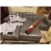 Image 2 : BONDED LEATHER SOFA - GREY - RECLINING HEAD RESTS WITH LARGE OTTOMAN - 3 PC TTL