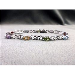 BRACELET - 9 OVAL FACETED MULTI GEMSTONES & DIAMOND IN STERLING SILVER DOUBLE LOOP DESIGN SETTING - 