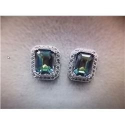 EARRINGS - EMERALD FACETED OCEAN BLUE MYSTIC TOPAZ IN STERLING SILVER SETTING - RETAIL ESTIMATE $350
