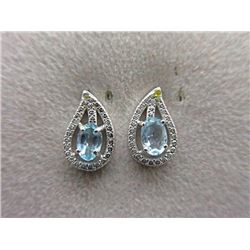 EARRINGS - NEW OVAL FACETED BLUE TOPAZ & ROUND FACETED YELLOW CHAMPAGNE DIAMONDS IN STERLING SILVER 