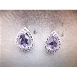 EARRINGS - PURPLE AMETHYST & DIAMONDS IN STERLING SILVER STUD DESIGNED SETTING  - RETAIL ESTIMATE $3