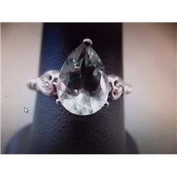 RING - PEAR FACETED GREEN AMETHYST & 2 DIAMOND IN STERLING SILVER SETTING - RETAIL ESTIMATE $375