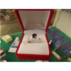 RING - OVAL FACETED 1.5CT AMETHYST & 2 DIAMOND RING IN STERLING SILVER SETTING - RETAIL ESTIMATE $35