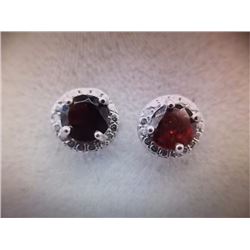 EARRINGS - 3 CTW ROUND FACETED GARNET & DIAMONDS IN STERLING SILVER SETTING - INCLUDES CERTIFICATE $