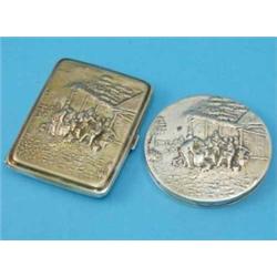 A Danish white metal compact, decorated with figures and a similar cigarette case...
