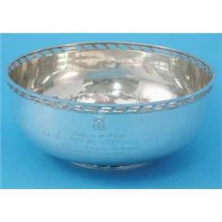 A modern silver rose bowl with pierced rim and foot, presentation inscription for 1969, Makers A....