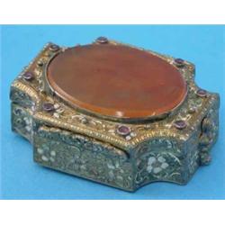 An 18th century Continental silver gilt snuff box with orange agate inset lid, inscribed “Emma Ly...