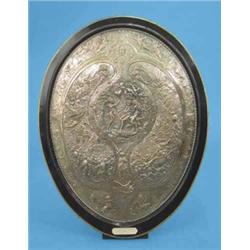 An Elkington & Co plated prize plaque, designed by Morel Laveuil, and depicting religious scenes,...