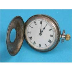 A silver keyless half hunter fob watch....