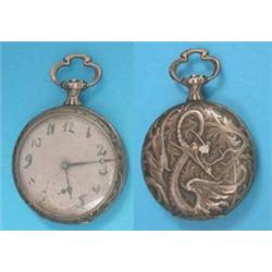 A French white metal keyless pocket watch decorated in relief with a dragon, signed Huguemin Frs,...