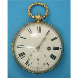 A George III 18ct gold pocket watch with enamelled Roman dial and diamond set cock....