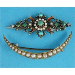 A gold open crescent brooch, set seed pearls together with a Continental white metal and enamel b...