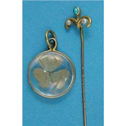 A gold stickpin, set 2 seed pearls and a turquoise, together with a small circular gold mounted l...