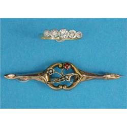 A gold illusion set 5-stone diamond ring, together with a 9ct gold bar brooch set seed pearls and...