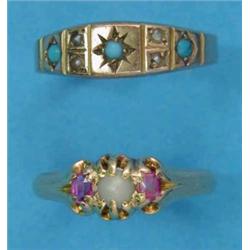 A 15ct gold ring, claw-set with a split pearl and 2 rubies, together with a 9ct gold ring set tur...
