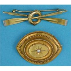 A Victorian bloomed gold brooch, with ropetwist decoration, gypsy set with a split pearl, locket...