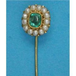 A gold stickpin, with emerald and split pearl cluster...