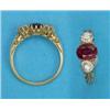 Image 1 : An 18ct gold 3-stone ring, claw set with an oval synthetic ruby flanked by diamonds...