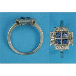 A white gold sapphire and diamond cluster ring, millegrain set with 4 square cut sapphires border...