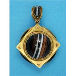 A Victorian bloomed gold lozenge shape pendant/brooch, the front set banded agates, the reverse w...