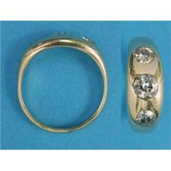 A gentleman’s Victorian 18ct gold ring, gypsy set with 3 old brilliant cut diamonds...