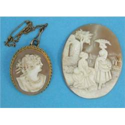 An unmounted shell cameo, carved figures in a landscape, together with a shell cameo brooch, carv...