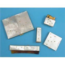 A gilt metal and mother of pearl cigarette case, together with a matching powder compact, lipstic...