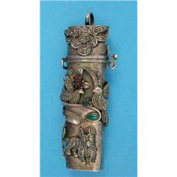 A Continental white metal etui, applied bird, dog and flower motifs set marcasites and hardstones...