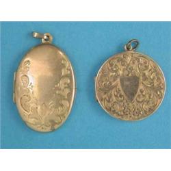 A 9ct foliate engraved gold circular pendant locket, and an oval pendant locket...